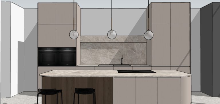 keukenontwerp op IKEA metod met notenhouten fronten en natuursteen blad