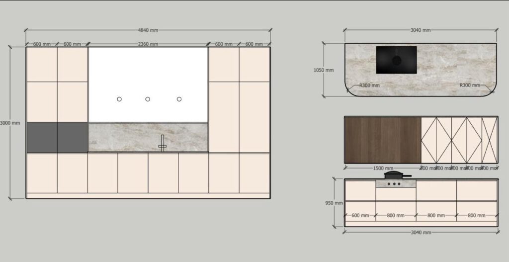 ontwerp keuken met taj Mahal blad en eiland met rondingen